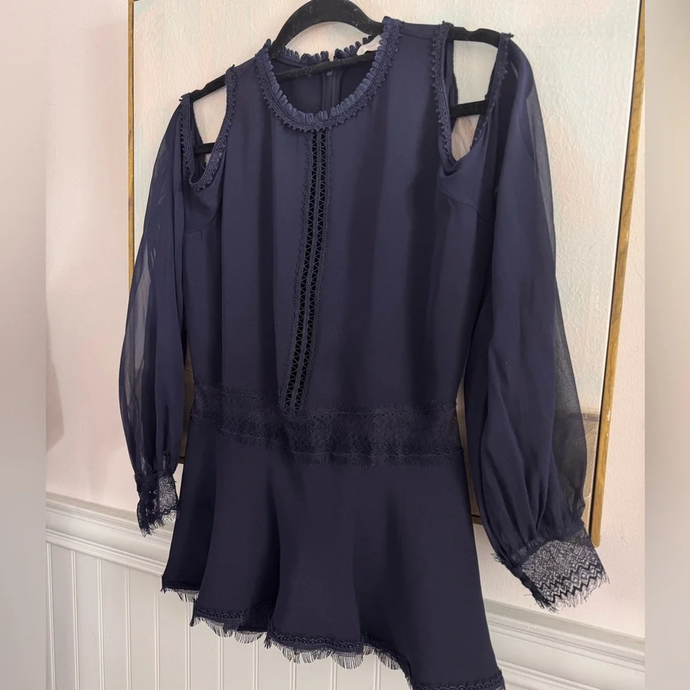 Jonathan Simkhai Cold Shoulder Lace Trim Blouse in Blue Silk - Picture 3 of 6